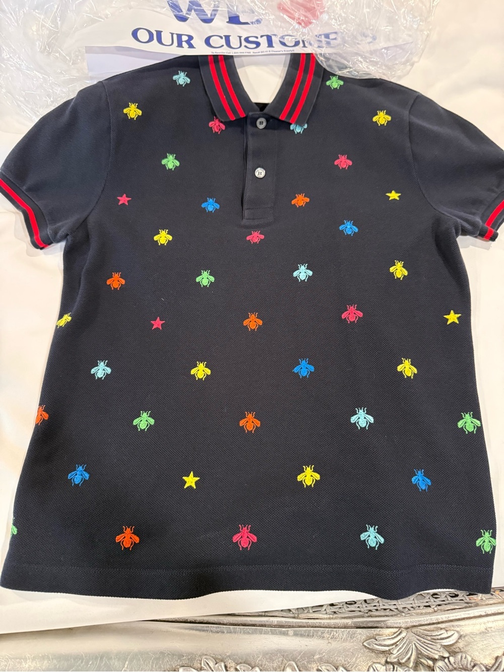 Gucci Navy Multicolor Bee Embroidered Cotton Polo Shirt Small Made in Italy